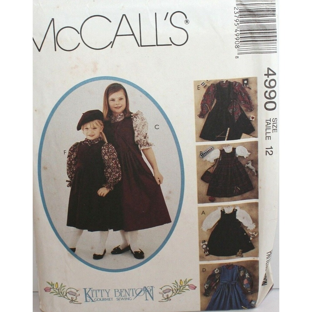 McCalls 4990 Sewing Pattern Girls Size 12 Jumper Blouse Bag Vintage Kitty Benton